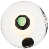 Bocci 28 ceiling light, silver metal sphere, features a central glowing green light with black ring and golden reflection details.